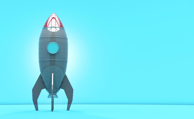 Foguete no estúdio em um fundo azul. 3d render ilustração. foguete espacial em estilo retrô