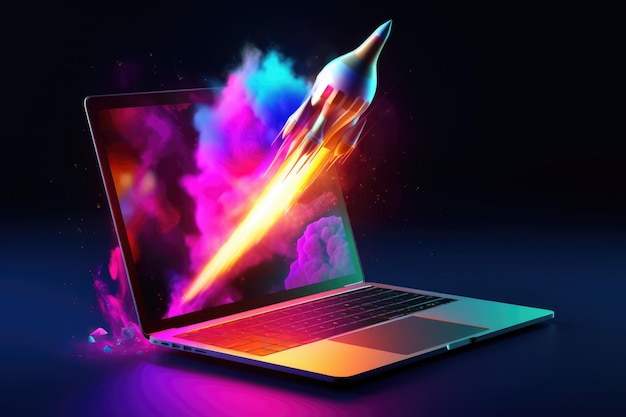 Foguete saindo da tela do laptop neon luz linda Generative AI AIG32