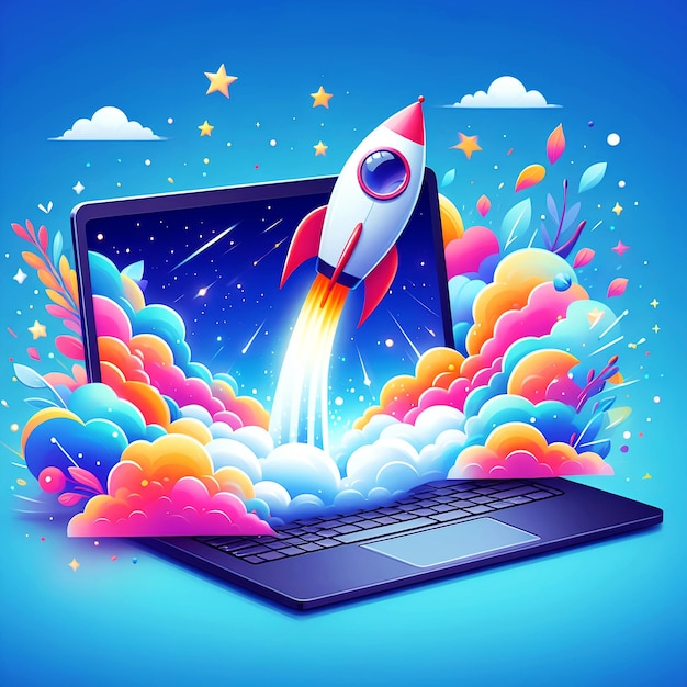 foguete saindo de uma tela de laptop ilustração 3d tecnologia moderna foto grátis