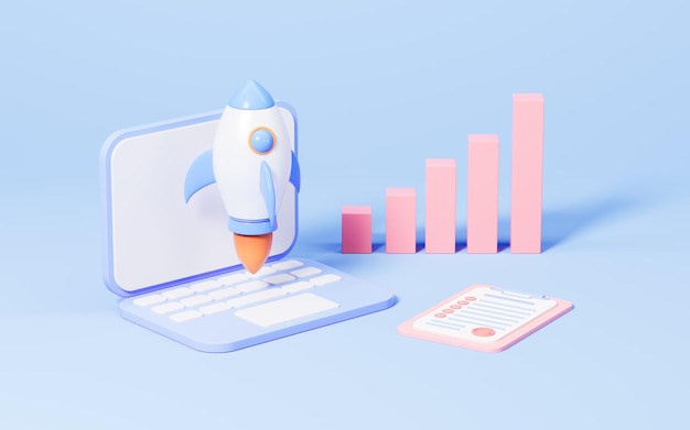Foguete voador e conceito de inicialização de gráfico renderização em 3d
