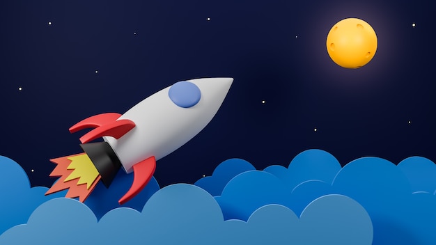 Foguete voando sobre a nuvem vai à lua no fundo da galáxia. Ilustração e modelo de concept.3d de inicialização de negócios.