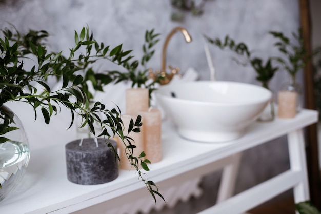 Foto fokus auf einen pflanzenzweig. badezimmer innendetail