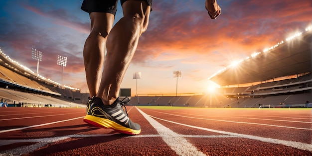 Fokus auf Laufschuhe von Sportläufern Training im Stadion bei Sonnenuntergang Vorbereitung für Sport