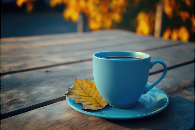 Fokus blaue Farbe der Kaffeetasse auf dem Holztisch mit verschwommenem Herbsthintergrund Konzept des Leerraums für das Werbeprodukt Fineste generative KI