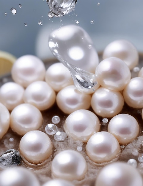 Fokusschuss von Perlen in Perlen austern und Wassertropfen auf gemütlich verschwommenen Hintergrund