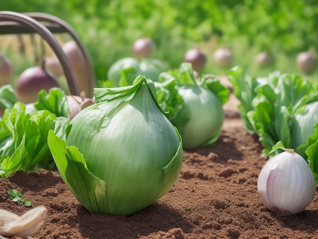 Fokusschuss von Zwiebeln im Garten auf gemütlich verschwommenem Hintergrund