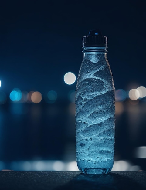 Fokussieren Sie die Aufnahme einer Wasserflasche auf einen gemütlichen, verschwommenen Hintergrund in der Nacht