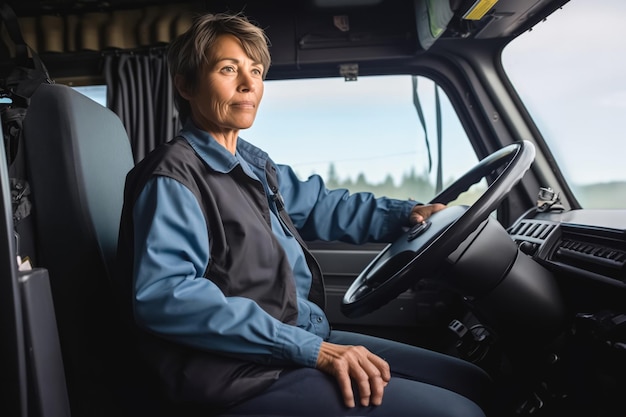 Fokussierte ältere Frau sitzt am Lenkrad und arbeitet als LKW-Fahrerin