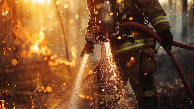 Fokussierte Feuerwehrleute löschen Flammen, eine Nahaufnahme, reflektierende Geräte und Wassertröpfchen in der Luft