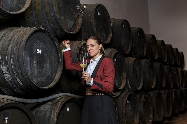 Fokussierte junge Frau Venenciador, die Wein mit Venencia in ein Glas im Keller gießt