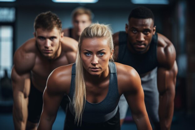 Foto fokussierte junge leute machen liegestütze im fitnessstudio