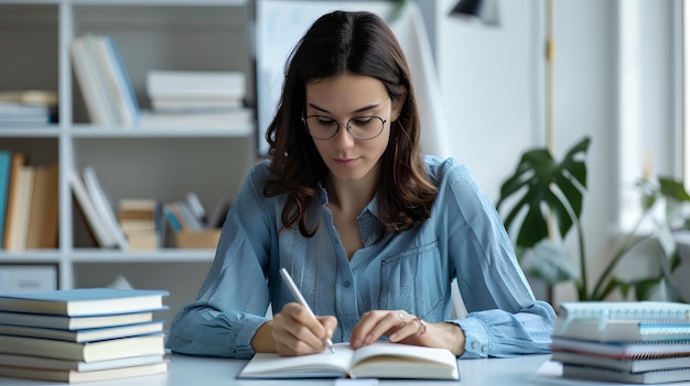 Fokussierte Professionelle, die intensiv an einem Schreibtisch arbeitet, Frau, die sich mit Schreiben beschäftigt und von Büchern umgeben ist, Gelegenheitsbüro, ideal für Geschäfts- und Bildungsthemen, KI