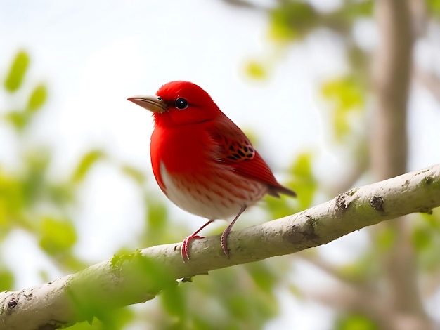 Fokussierte selektive Aufnahme eines kleinen roten Vogels, der auf einem von der KI erzeugten Ast sitzt