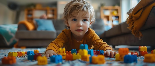 Foto fokussierte spielzeit junge in farbenfrohen blöcken vertieft konzept kindheitsaktivitäten kreatives spiel handson lernen