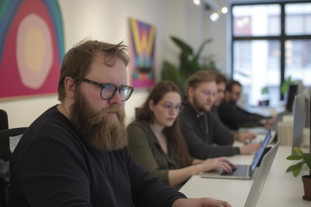 Foto fokussierte vielfältige gruppe von fachleuten, die in einem kreativen büro zusammenarbeiten