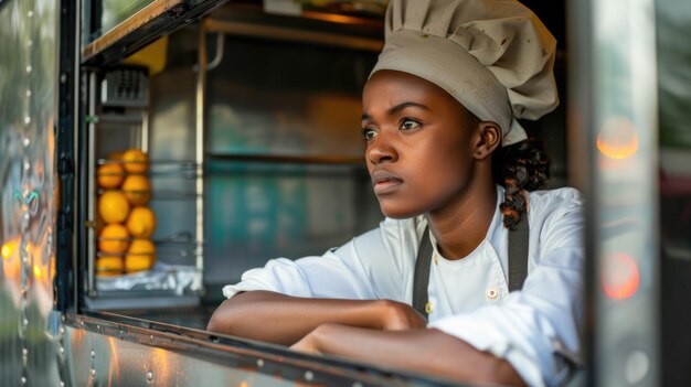 Fokussierte weibliche Köchin in einem Food Truck