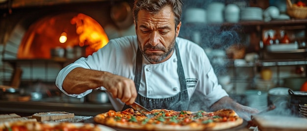 Fokussierter, attraktiver und gut gebauter Mann, der Pizza über einem Holzfeuer macht, während er eine Küchenschürze trägt