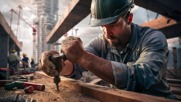 Fokussierter Bauarbeiter auf der Baustelle