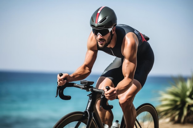 Fokussierter Triathlet fährt an einem sonnigen Tag Rad