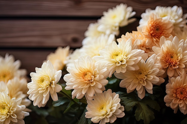 Fokussiertes Foto von Chrysanthemumblumen auf Holz