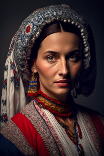 Folclore e Beleza Retrato em close-up de mulher em traje tradicional Ai gerado