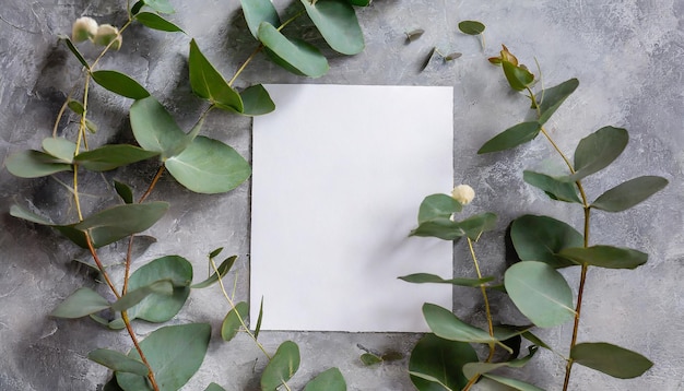 Folha branca em branco com espaço para texto sobre fundo cinzento com folhas de plantas e galhos de eucalipto