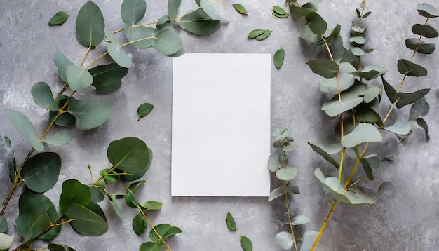 Folha branca em branco com espaço para texto sobre fundo cinzento com folhas de plantas e galhos de eucalipto