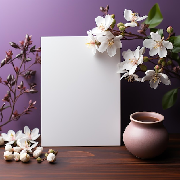Folha branca em branco para maquete Mesa parede roxa jasmim