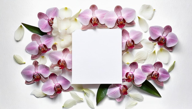 Foto folha com título entre flores e pétalas de orquídea isolada em layout criativo branco