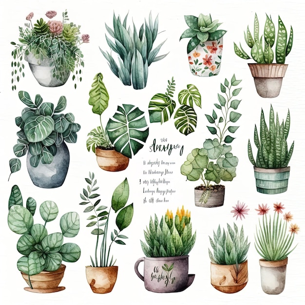 Folha de adesivos de clipart em aquarela de plantas de casa aconchegante