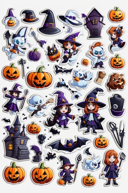 Folha de arte adesiva ícone de desenho animado Halloween fundo branco sem fundo Ilustração 4K Vect