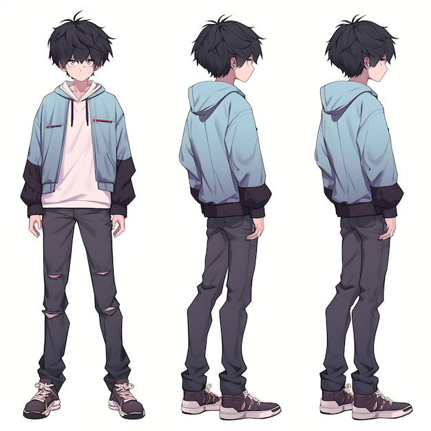 Folha de arte conceitual de reviravolta de personagem de anime moderno apresentando o design elegante de um adolescente bonito