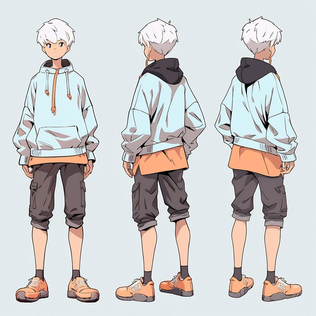 Folha de arte conceitual de reviravolta de personagem de anime moderno apresentando o design elegante de um adolescente bonito