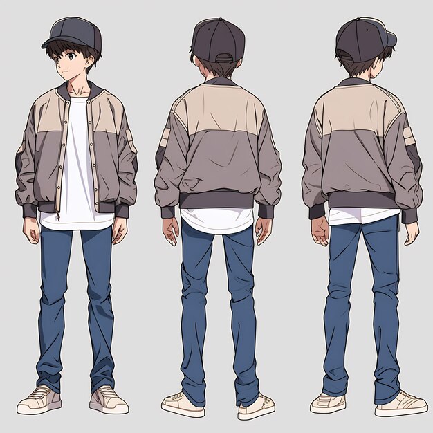 Folha de arte conceitual de reviravolta de personagem de anime moderno apresentando o design elegante de um adolescente bonito