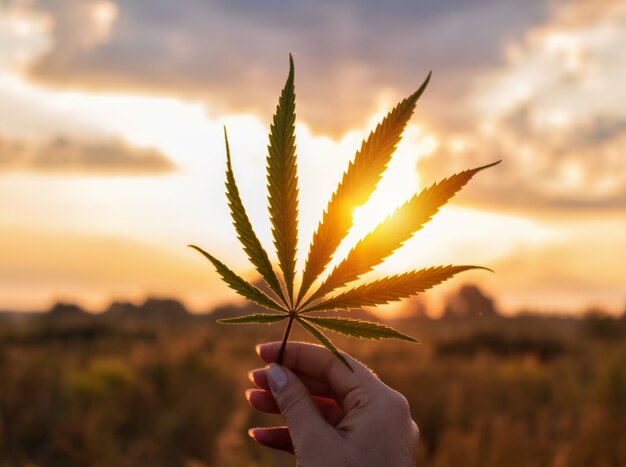 Folha de cânhamo na mão ao nascer do sol. Cannabis medicinal.