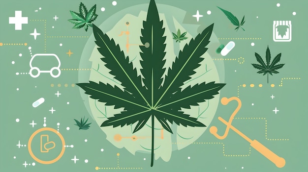 Folha de cannabis e símbolos médicos destacando propriedades medicinais em informativo