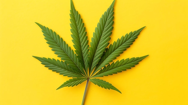 Folha de cannabis em fundo amarelo