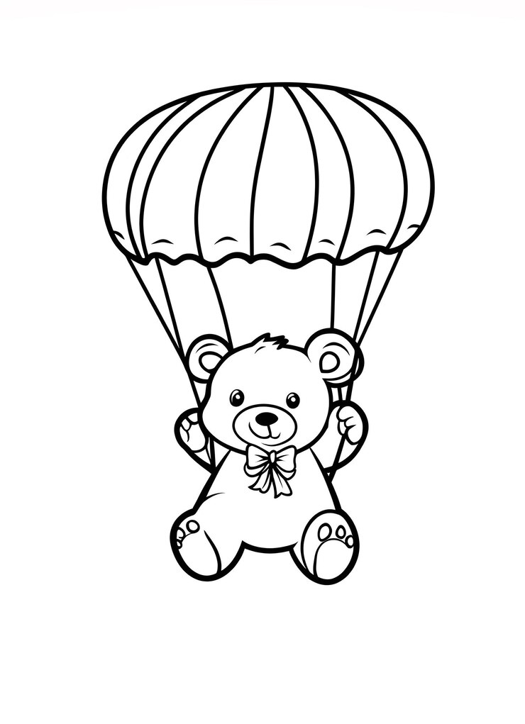 Folha de colorir simples para crianças com um ursinho de pelúcia com pára-quedas