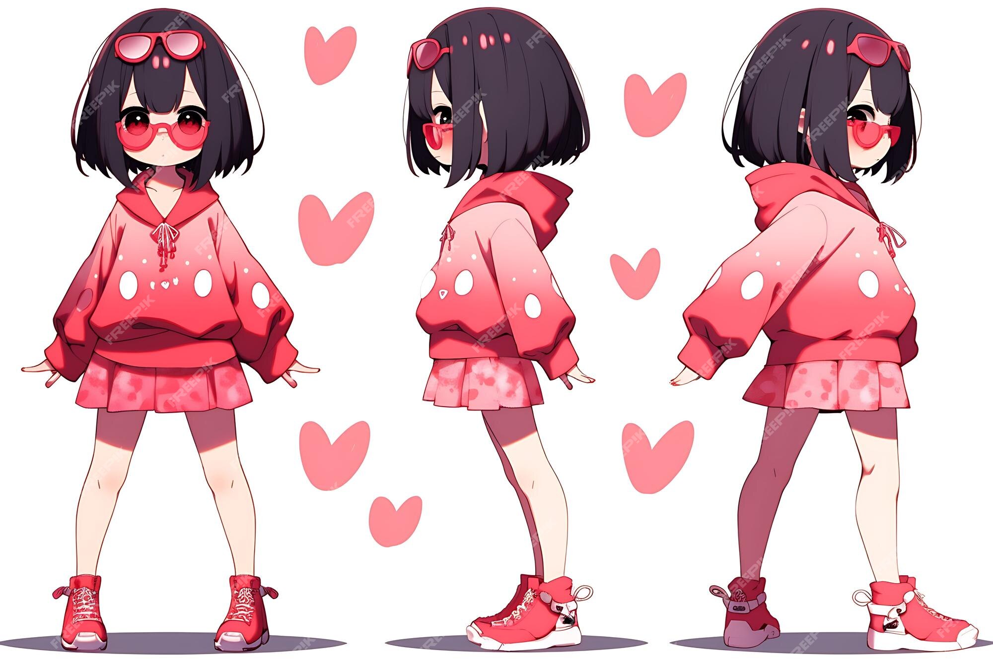 Folha de conceito de reviravolta de personagem fofa de anime kawaii chibi  girl com roupas elegantes e modernas