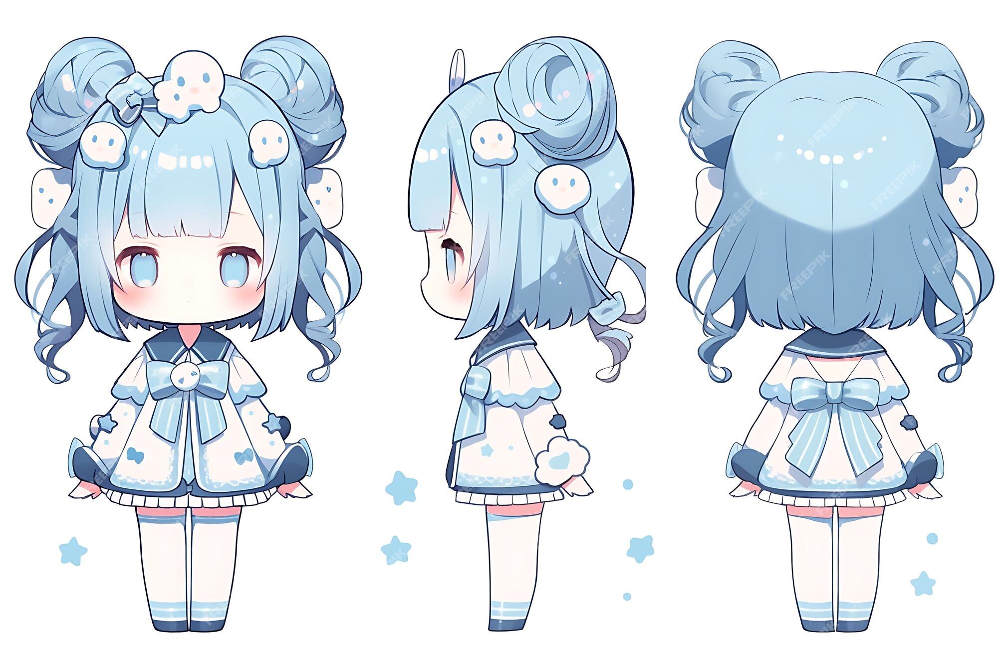 Folha de conceito de reviravolta de personagem fofa de anime kawaii chibi  girl com roupas elegantes e modernas