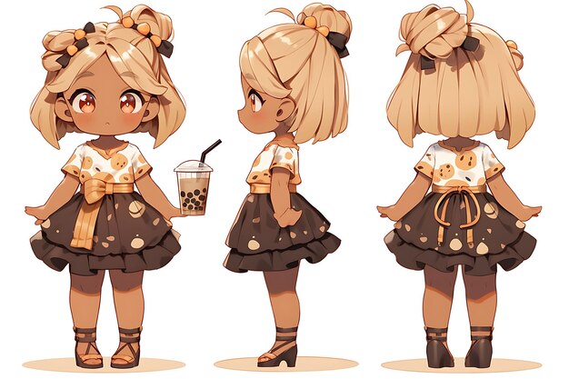 Folha de conceito de reviravolta de personagem fofa de anime kawaii chibi  girl com roupas elegantes e modernas