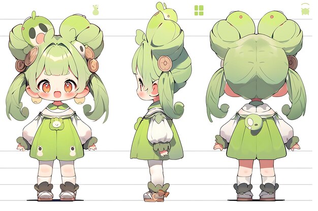 Folha de conceito de reviravolta de personagem fofa de anime Kawaii Chibi Girl com roupas elegantes e modernas