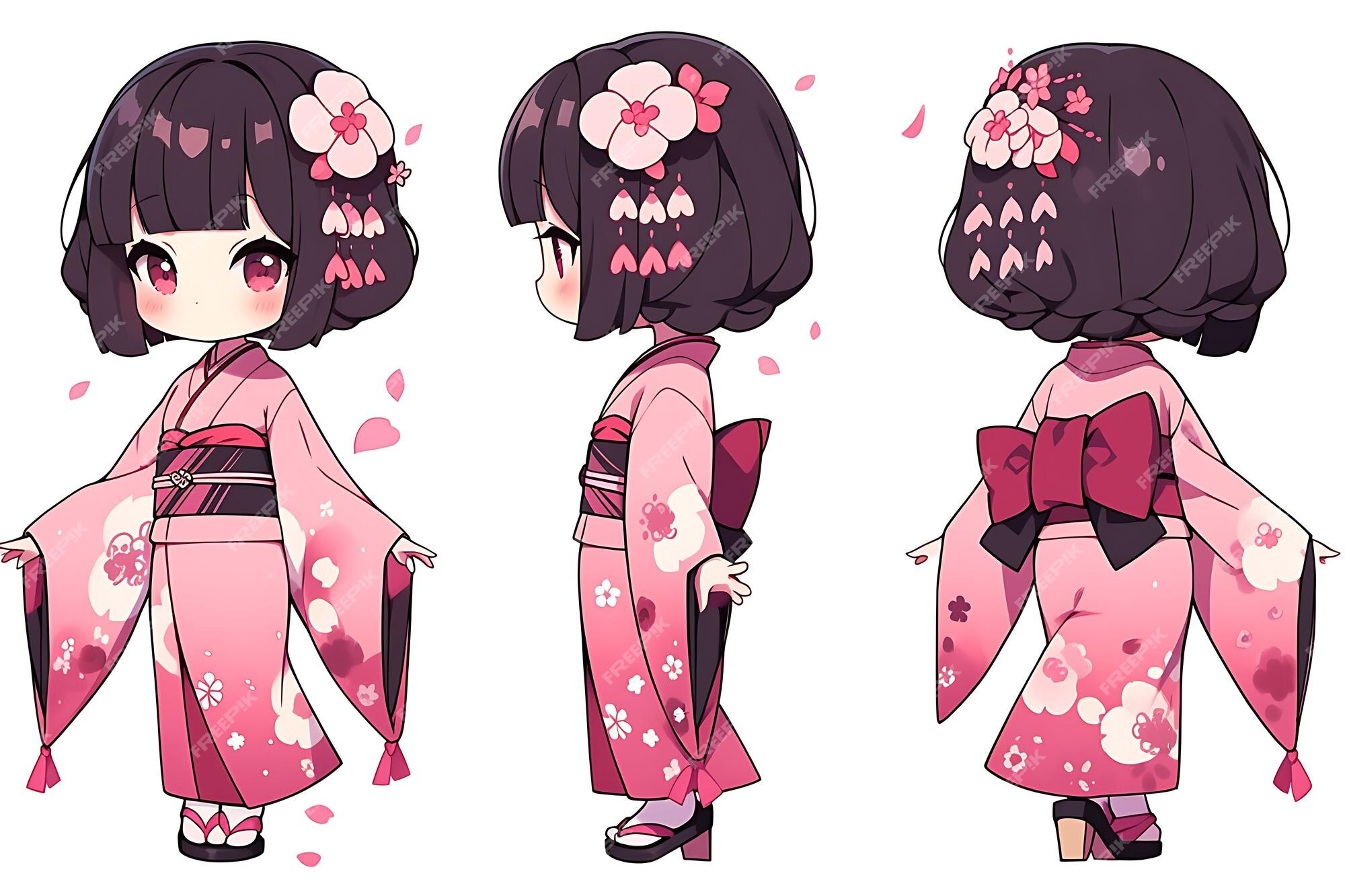 Folha de conceito de reviravolta de personagem fofa de anime kawaii chibi  girl com roupas elegantes e modernas