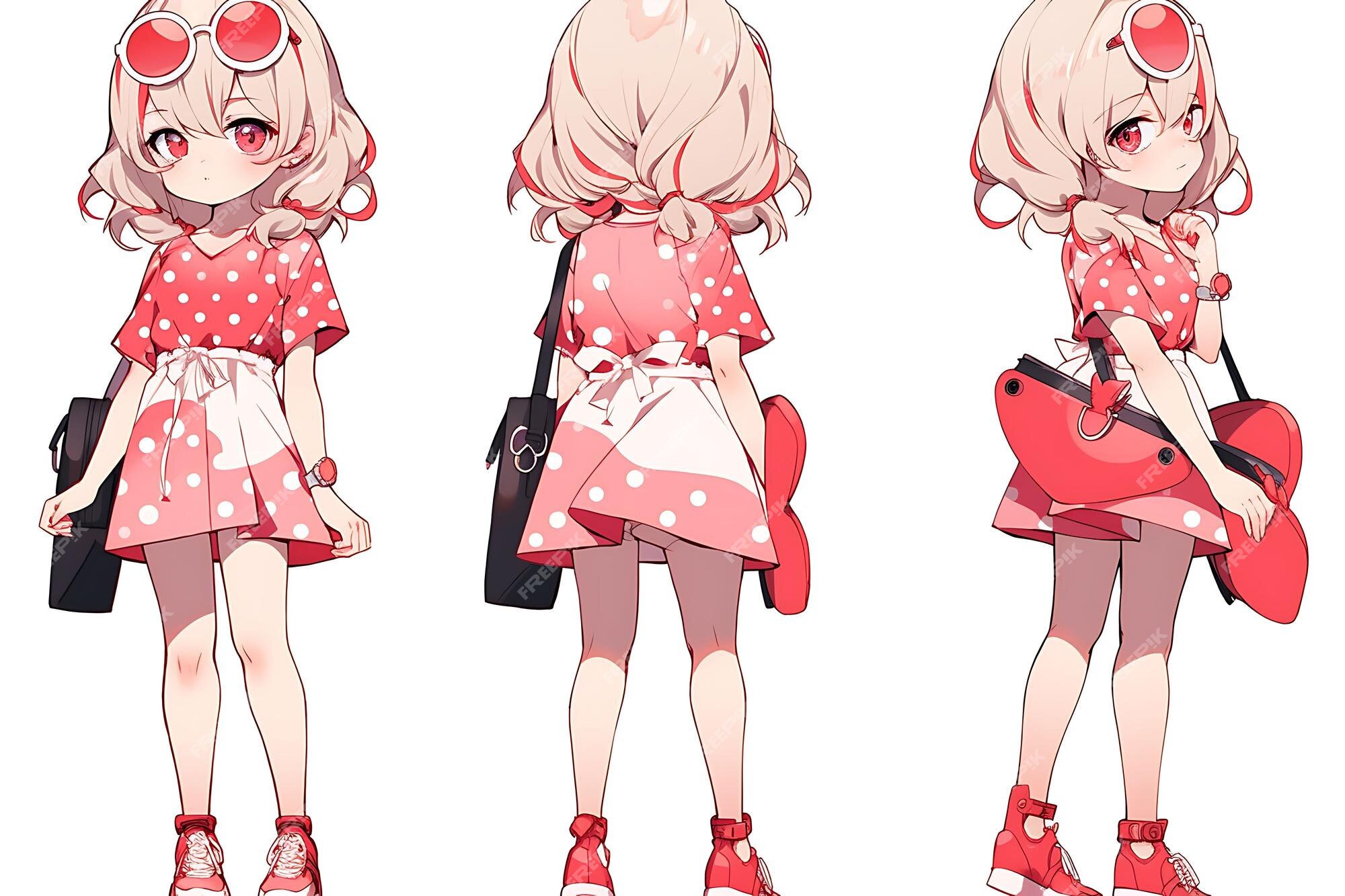 Folha de conceito de reviravolta de personagem fofa de anime kawaii chibi  girl com roupas elegantes e modernas