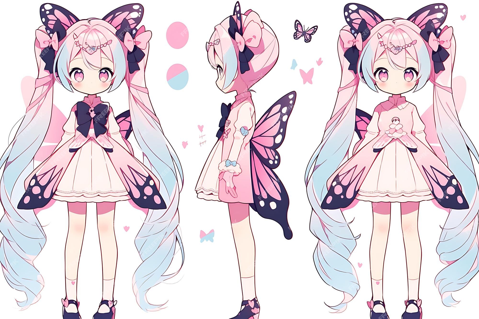 Folha de conceito de reviravolta de personagem fofa de anime kawaii chibi  girl com roupas elegantes e modernas