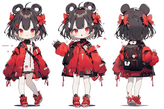 Folha de conceito de reviravolta de personagem fofa de anime kawaii chibi  girl com roupas elegantes e modernas