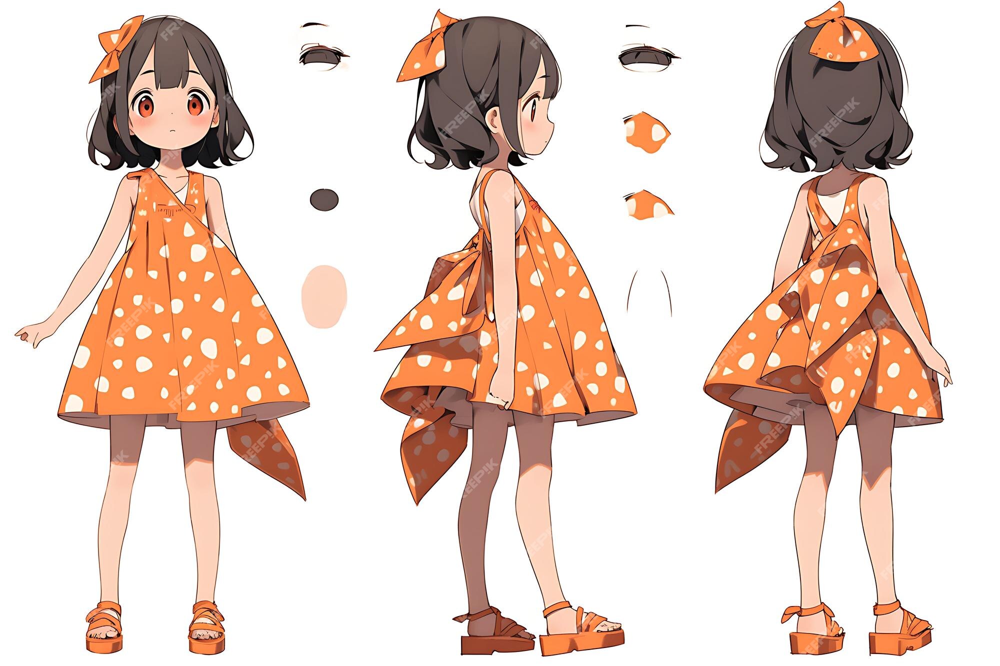 Folha de conceito de reviravolta de personagem fofa de anime kawaii chibi  girl com roupas elegantes e modernas