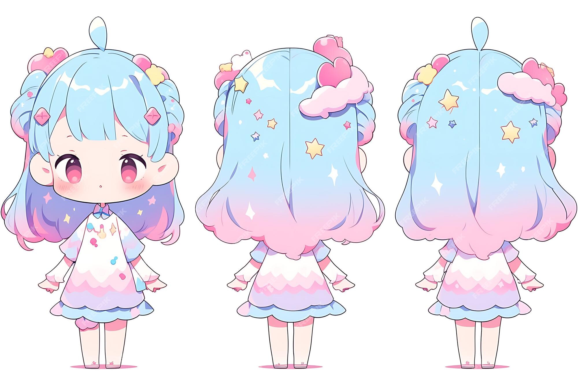 Folha de conceito de reviravolta de personagem fofa de anime kawaii chibi  girl com roupas elegantes e modernas