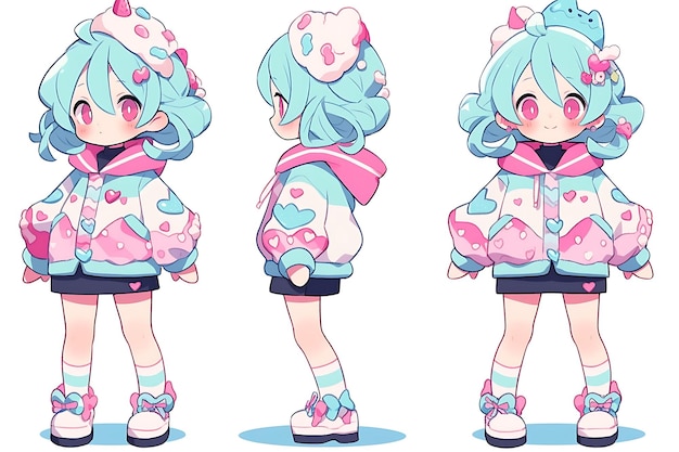 Folha de conceito de reviravolta de personagem fofa de anime kawaii chibi  girl com roupas elegantes e modernas