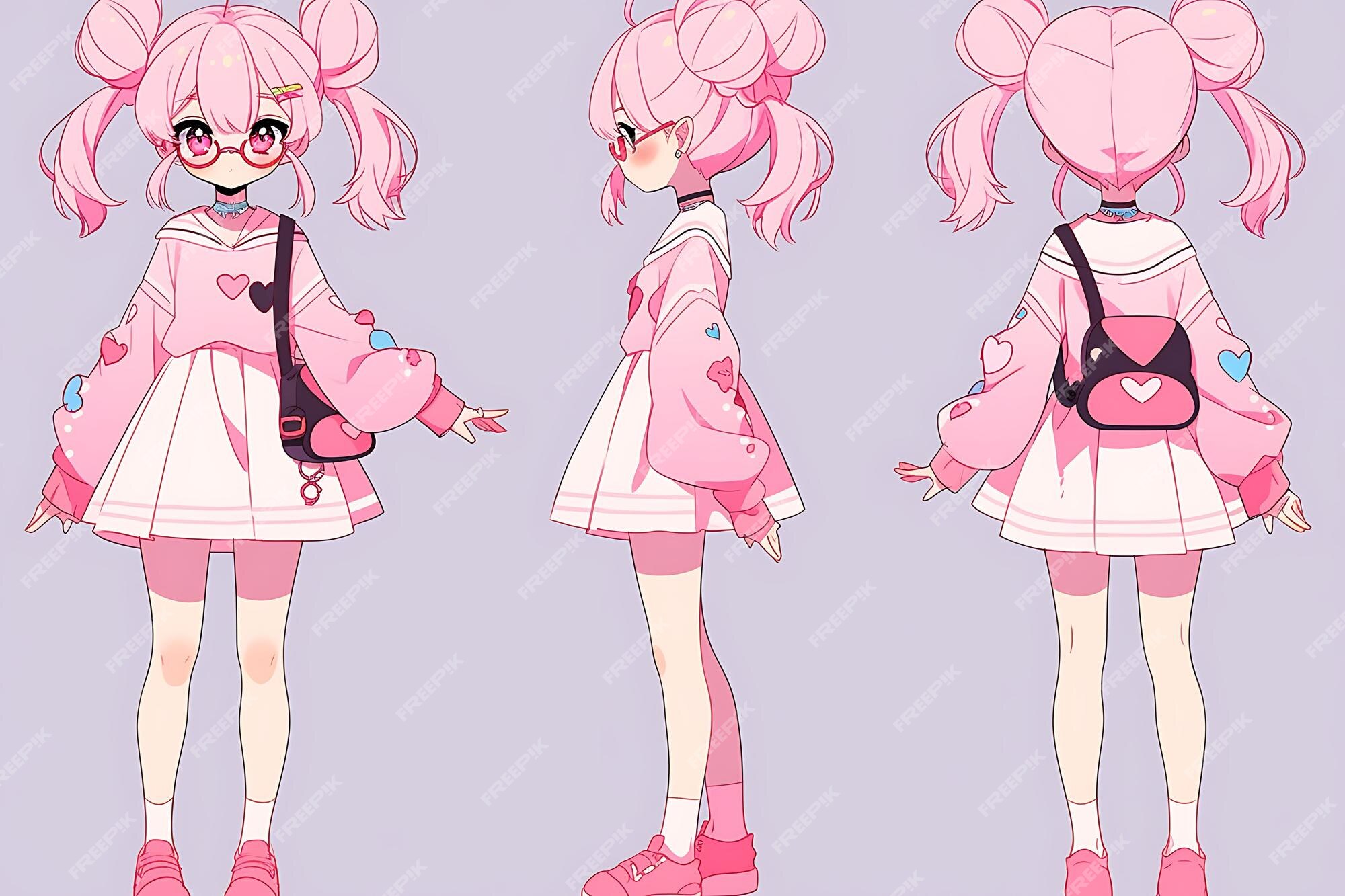 Folha de conceito de reviravolta de personagem fofa de anime kawaii chibi  girl com roupas elegantes e modernas